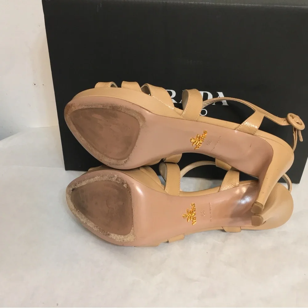 Prada Strappy Beige Patent Leather Platform Sandals Size 39 made in Italy - Picture 5 of 13